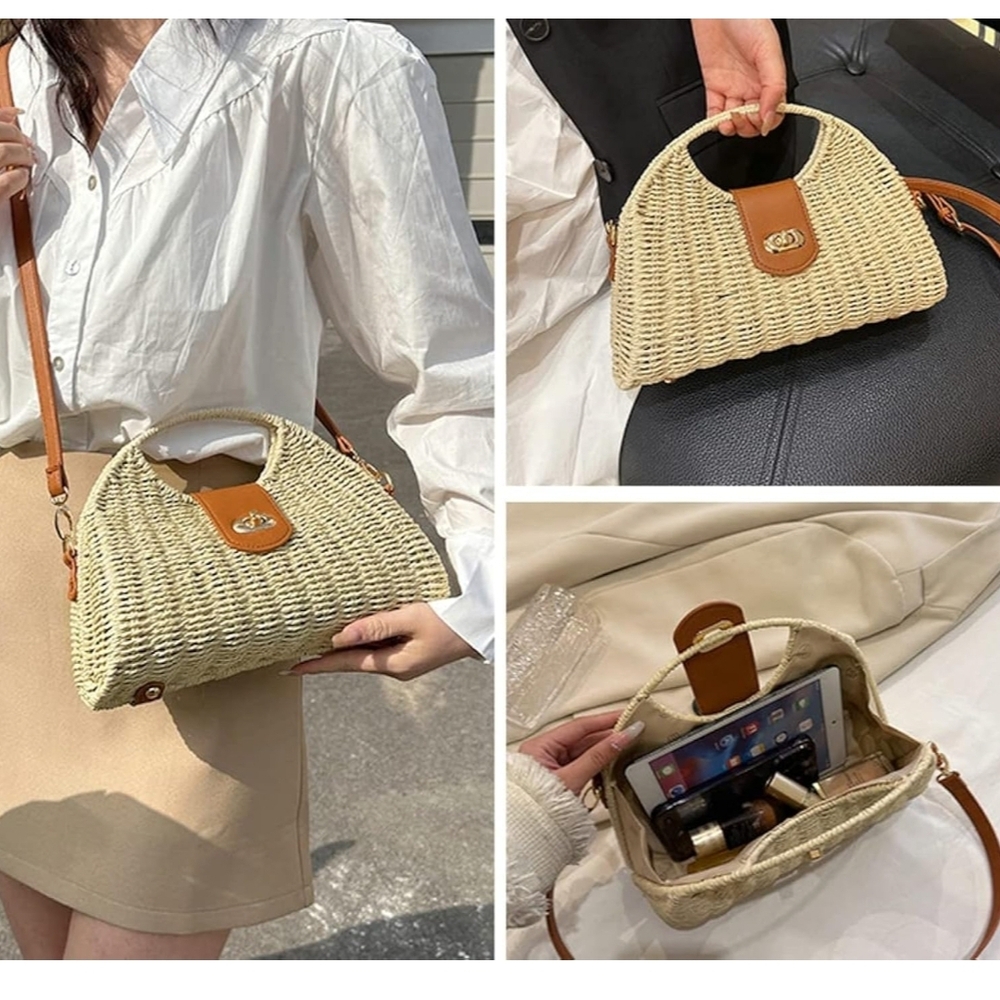 Straw Woven Handle Crossbody Bag with Tan Trim - Picture 6 of 7